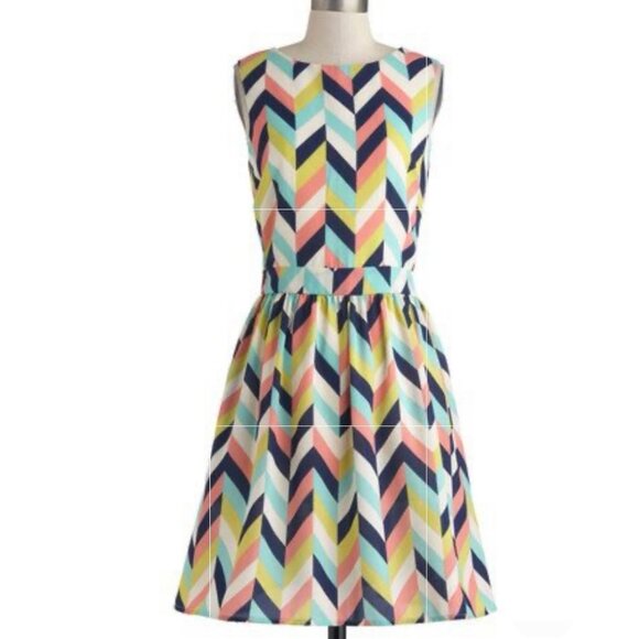 Louche Carys Chevron Dress in Pink, Green, Yellow , Navy Blue and White - Picture 1 of 9